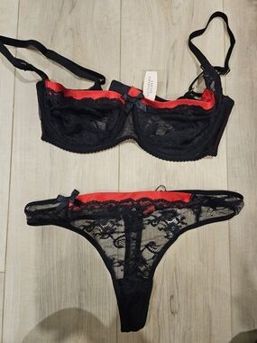 Victoria's Secret Black & Red Lace Bra and Thong Set